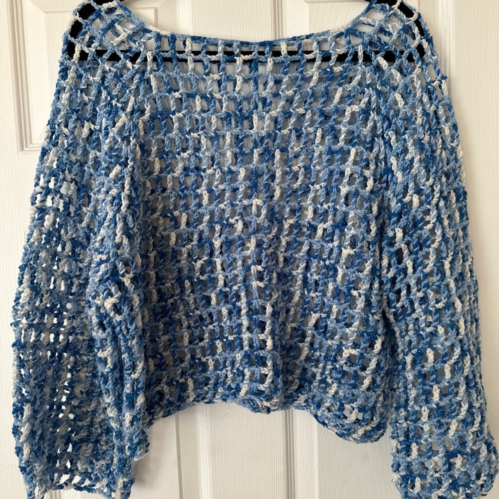 Blue and White Open-Knit Sweater